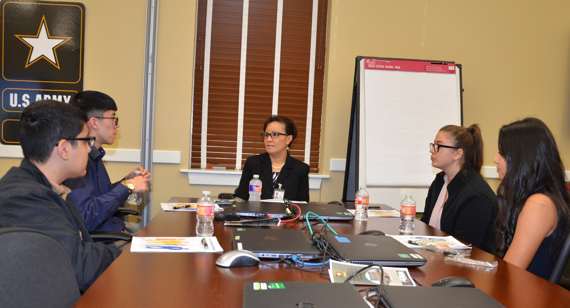 Yami Moneymaker mentors Churchill and Warren high school students as part of the San Antonio Job Shadow Day Feb. 5 at Joint Base San Antonio-Fort Sam Houston. Moneymaker is a procurement analyst for the Mission and Installation Contracting Command.