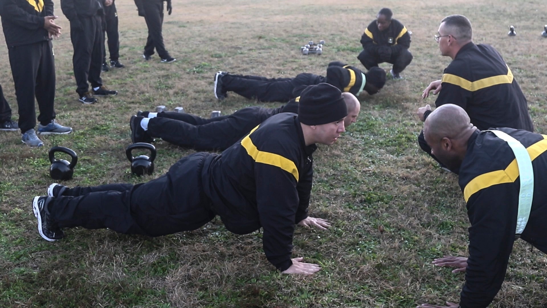 U.S. Army North Soldiers work on proper techniques for the Hand-Release Push-Up during training for the Army Combat Fitness Test at Joint Base San Antonio-Fort Sam Houston Jan. 28. The ACFT is designed to provide Soldiers with a modern assessment of their physical fitness and help them maintain a high level of fitness while ensuring they are capable of handling physically demanding combat situations.