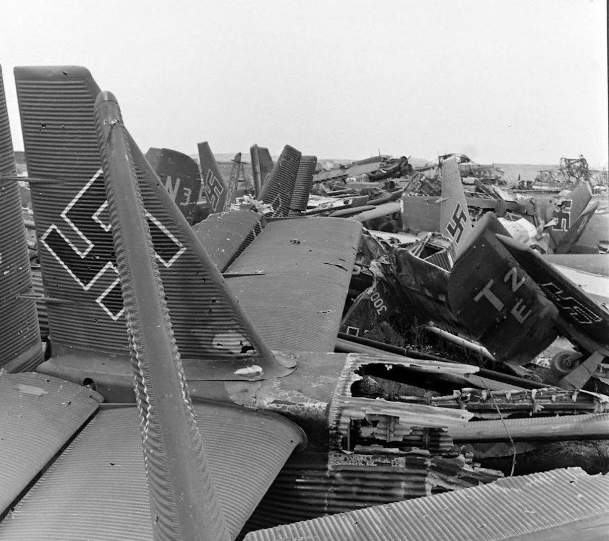 Results of an Army Air Force fighter sweep on a Luftwaffe air field. Starting with ‘Big Week,’ American fighters, after escorting bombers to their targets in Germany, would strafe Luftwaffe airfields to catch the German fighters on the ground or on takeoff or landing. (Archive photo)