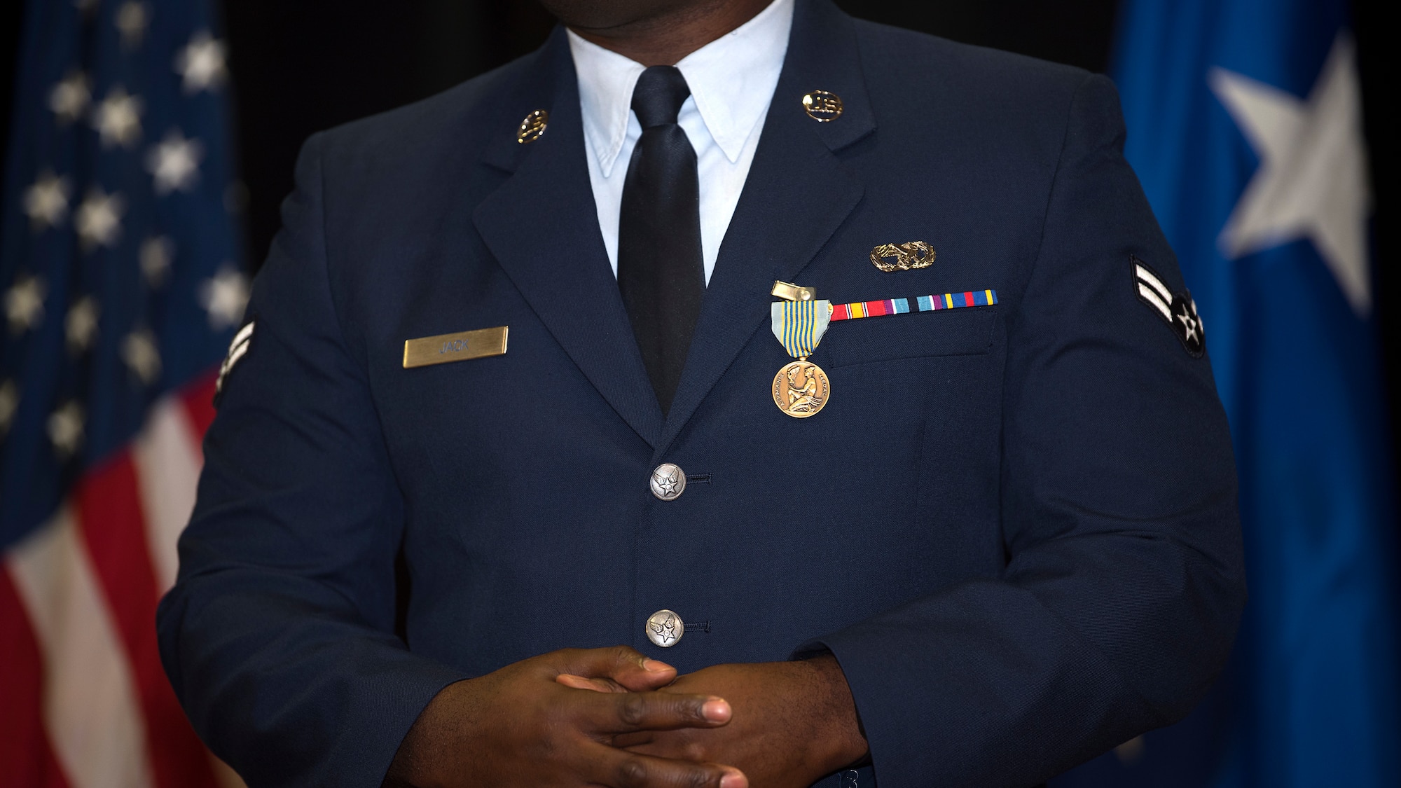 U.S. Air Force Airman 1st Class PeeJay Jack, a 290th Joint Communications Support Squadron vehicle maintainer, speaks to the audience after being presented the Airman’s Medal at MacDill Air Force Base, Fla., Feb. 9, 2019. Jack was awarded the Airman’s Medal for saving a motorist after his vehicle lost control, veered of the interstate and burst into flames.