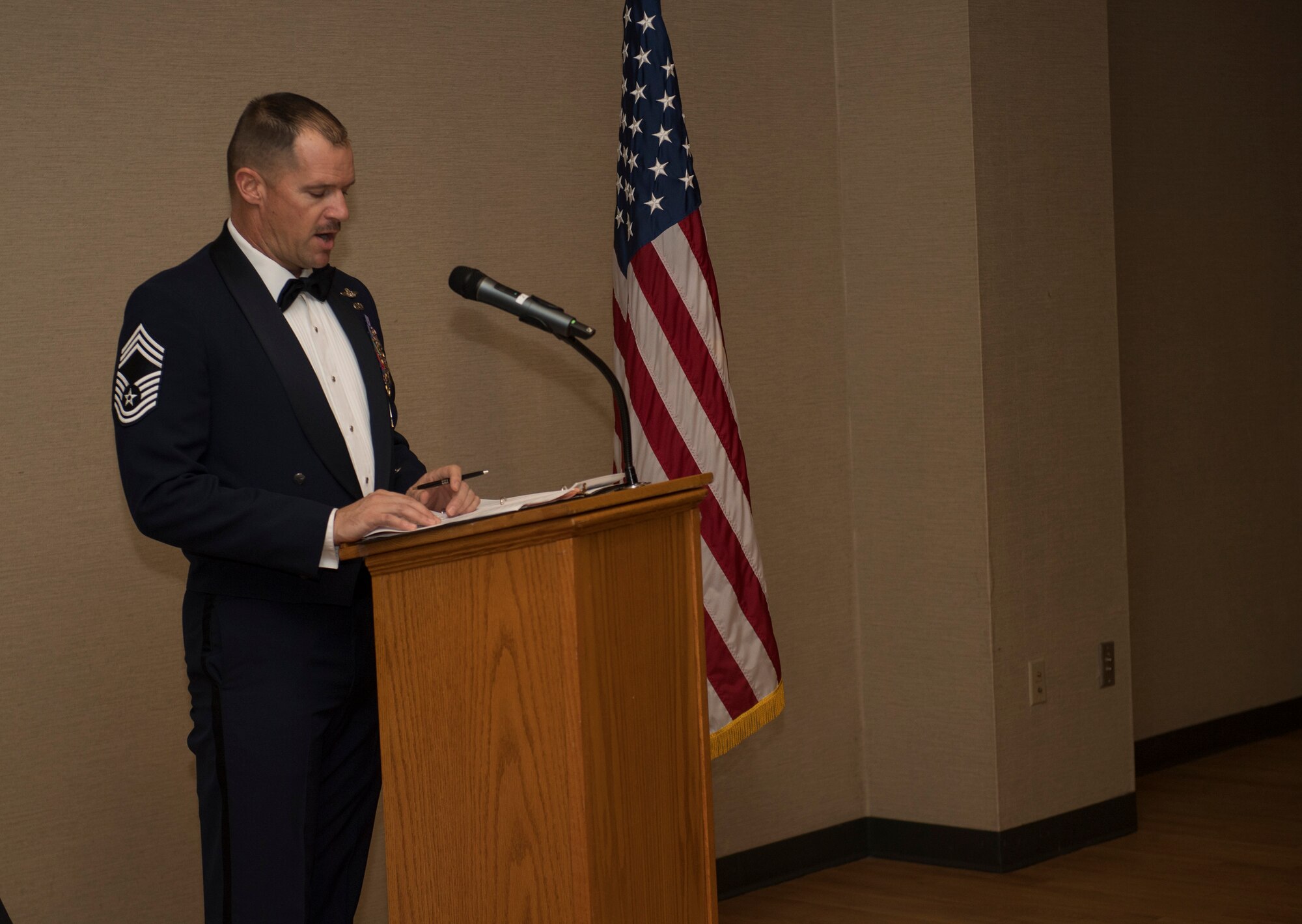 Chief Master Sgt. Kevin Stewart, 41st Resuce Squadron chief enlisted manager, gives a speech during an Airman Leadership School (ALS) graduation ceremony, Feb. 7, 2019, at Moody Air Force Base, Ga. ALS is a the 5-week course designed to develop Airmen into effective front-line supervisors by focusing on building leadership abilities, teamwork skills and effective communication. (U.S. Air Force photo by Airman Taryn Butler)