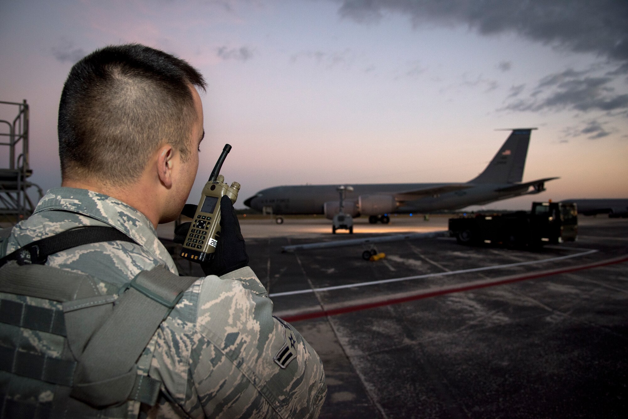 U.S. Air Force Airman 1st Class Christian Dufresne, an entry controller assigned to the 6th Security Forces Squadron (SFS), provides security for the flightline at MacDill Air Force Base, Fla., Feb. 9, 2019. Dufresne secured the flightline’s resources with a team of 6th SFS Airmen during a three-day readiness exercise.