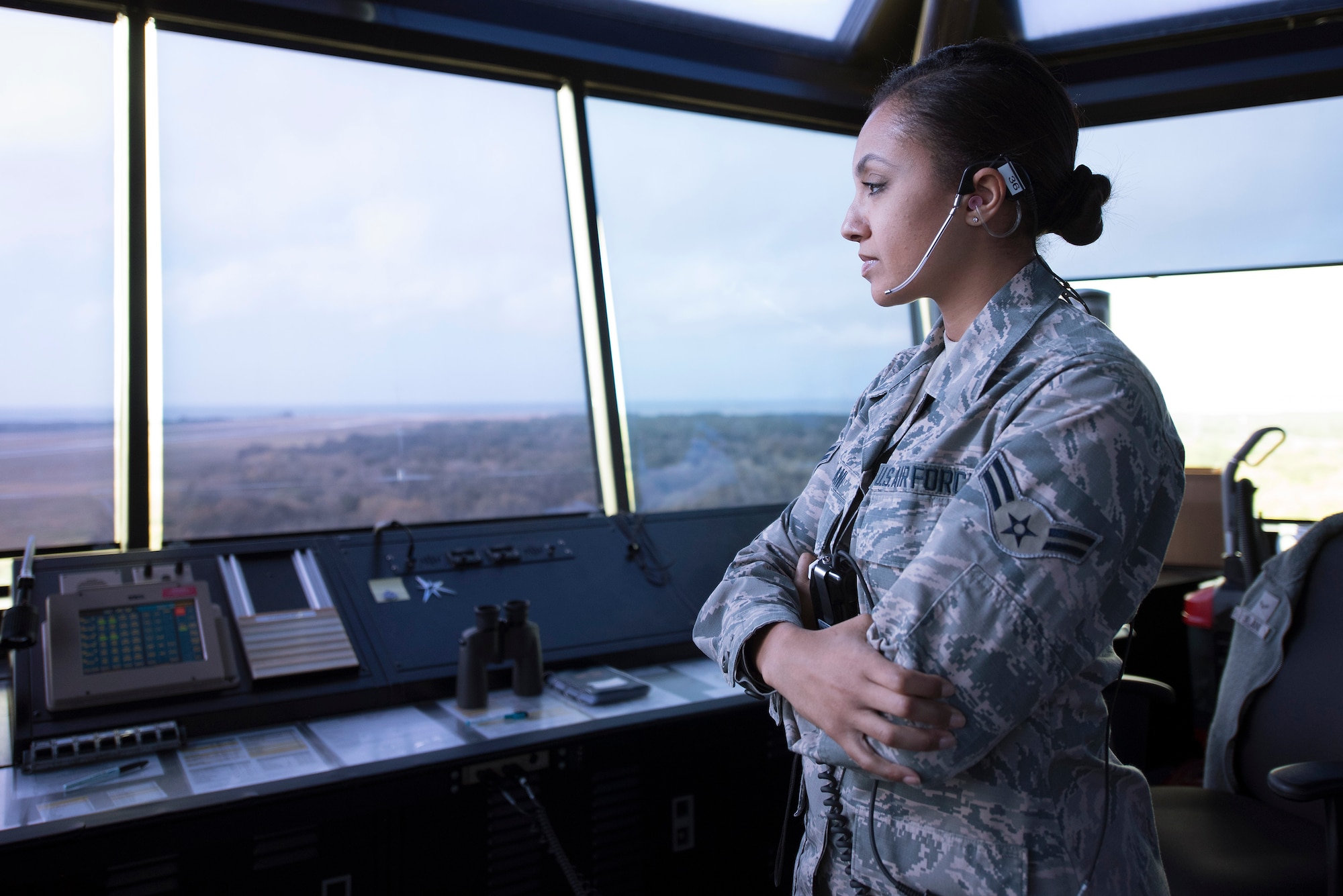 U.S. Air Force Airman 1st Class Sade Jelani, a 6th Operations Support Squadron air traffic controller, keeps an eye on the MacDill Air Force Base, Fla. flightline during a readiness exercise Feb. 10, 2019. Total force Airmen from the 6th Air Mobility Wing and 927th Air Refueling Wing participated in the three-day exercise, emphasizing the wing's contingency readiness.