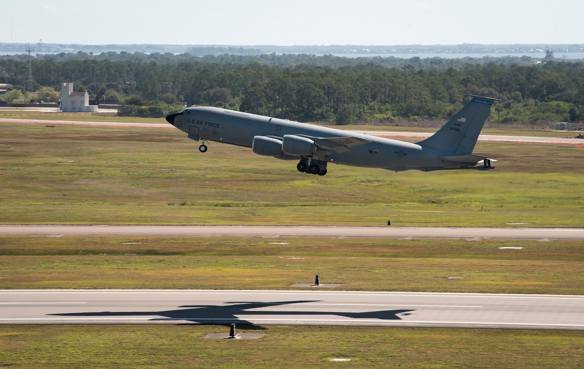 A KC-135 Stratotanker aircraft takes off from the MacDill Air Base, Fla., runway during a readiness exercise Feb. 10, 2019. Total force Airmen from the 6th Air Mobility Wing and 927th Air Refueling Wing participated in the three-day exercise emphasizing the importance of contingency operations training.