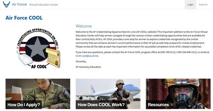 A screen capture from the Air Force Credentialing Opportunities On-Line, or AF COOL, program web page shows what enlisted Airmen will see before registering or logging in. (U.S. Air Force photo)