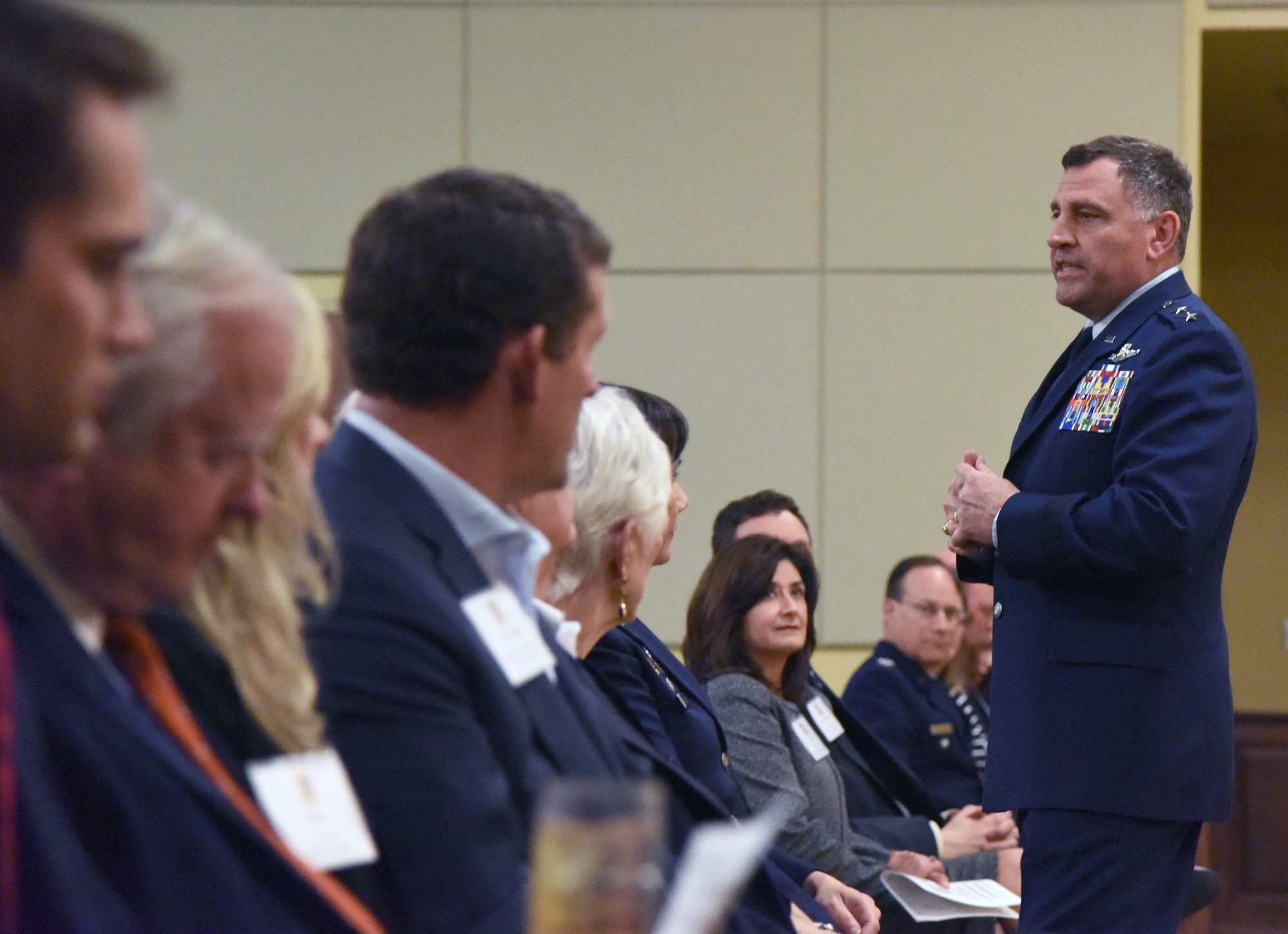 U.S. Air Force Maj. Gen. Timothy Leahy, 2nd Air Force commander, delivers remarks during the 2019 Honorary Commander Induction Ceremony inside the Bay Breeze Event Center at Keesler Air Force Base, Mississippi, Feb. 9, 2019. The event recognized the newest members of Keesler's honorary commander program, which is a partnership between military commanders and local civic and business leaders in order to enrich and strengthen the relationship between the base and the community. This was the first time leadership from the 2nd Air Force, 81st Training Wing and 403rd Wing combined to host a single joint induction ceremony. (U.S. Air Force photo by Kemberly Groue)