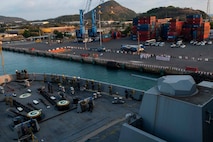 The amphibious transport dock ship USS Green Bay (LPD 20) arrives in Sattahip, Thailand