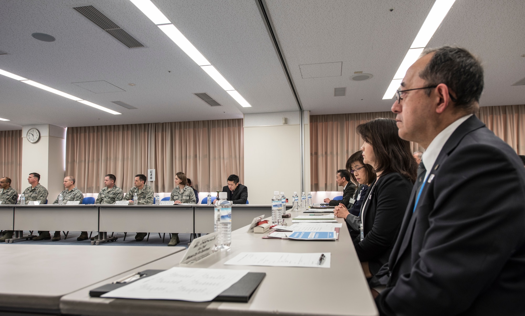 Misawa council members and 35th Fighter Wing leadership listen during the annual Misawa Community Relations Advisory Council meeting at the Misawa International Center, Japan, Feb. 5, 2019.  The meeting members discussed programs that improve the community and bilateral relations. (U.S. Air Force photo by Branden Yamada)