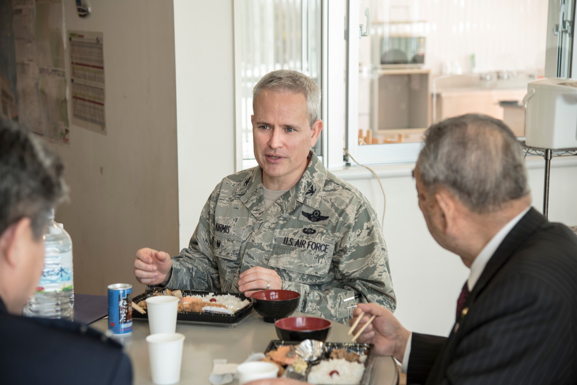 U.S. Air Force Col. Paul Kirmis, the 35th Fighter Wing vice commander, speaks with Japanese leaders during lunch after the annual Community Relations Advisory Council meeting at Misawa Air Base, Japan, Feb. 5, 2019.  The meeting discussed programs such as the English Camp and Misawa Kids Center that improve the community and bilateral relations by bringing Japanese and Americans together. (U.S. Air Force photo by Branden Yamada)