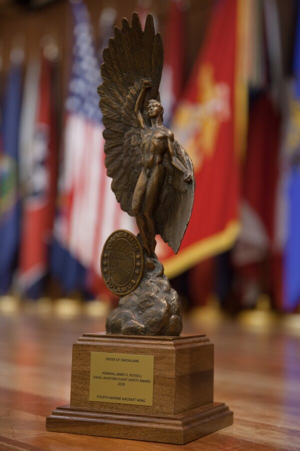 The James S. Russell Naval Aviation Flight Safety Award sits atop the Marine Forces Reserve auditorium stage at Marine Corps Support Facility New Orleans, Feb. 11, 2019. The James S. Russell Naval Aviation Flight Safety Award recognizes military units who have the most effective flight safety accident prevention program. (U.S. Marine Corps photo by Cpl. Niles Lee)
