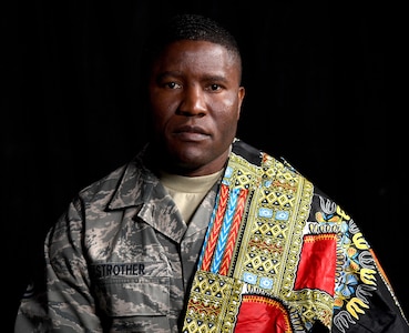 U.S. Air Force Tech. Sgt. Francis Strother, recruiter for the 145th Airlift Wing, poses at the North Carolina Air National Guard (NCANG) Base, Charlotte Douglas International Airport, Jan. 17, 2019. Strother tells a story of how he came from Monrovia, Liberia, following a civil war in his country that lasted almost eight years. Strother details his struggles of helping raise his brothers and feed his neighbors while maintaining a positive and hopeful attitude.