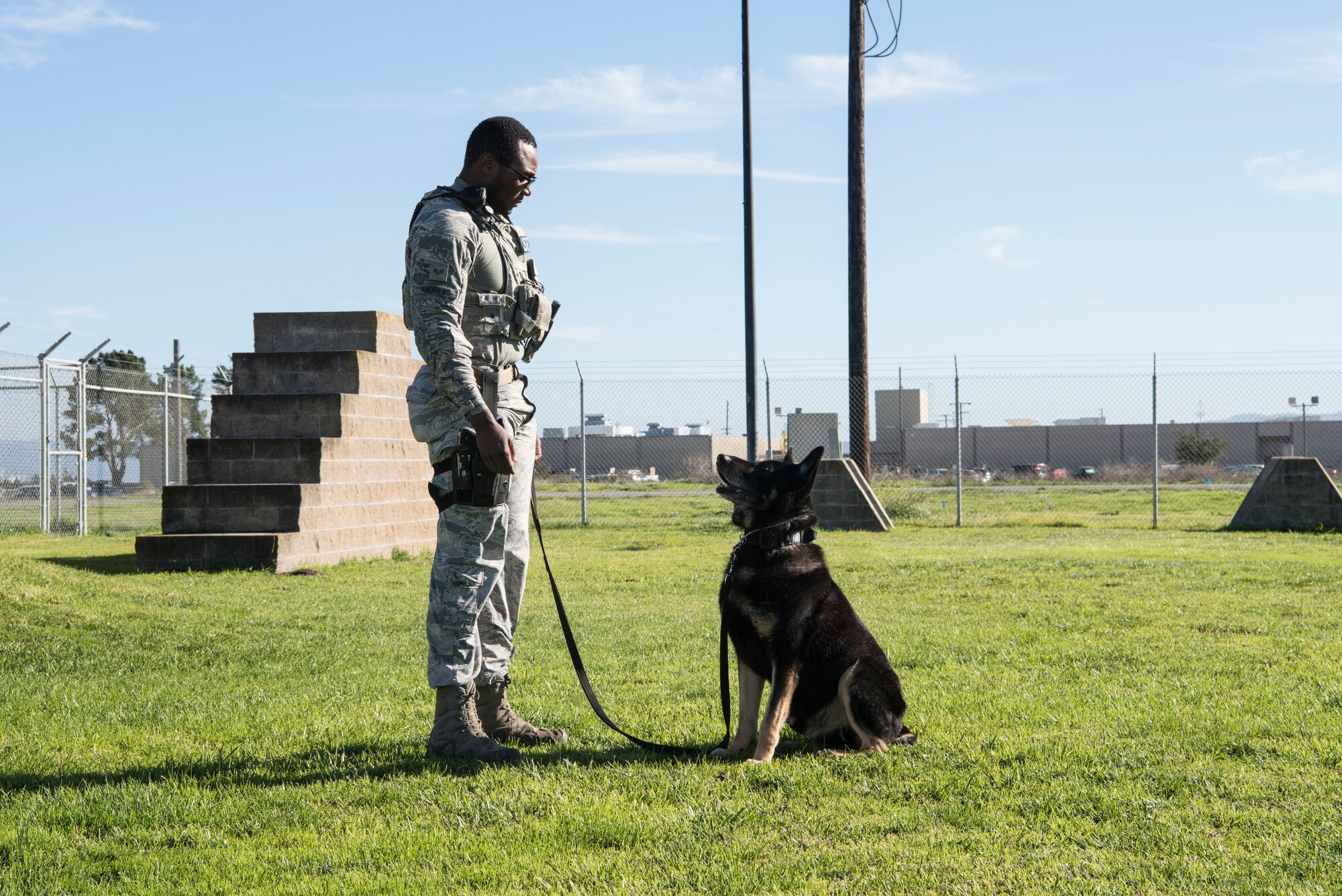 Senior Airman Tyclint Andrews, 30th Security Forces Squadron military working dog handler, works on basic commands with his military working dog Dec. 18, 2018, on Vandenberg Air Force Base, Calif. Handlers practice basic commands with their dogs often as they are part of the dog's foundation. (U.S. Air Force photo by Airman 1st Class Hanah Abercrombie)