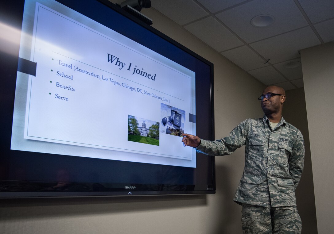 Airman First Class Nestor Biayi, 932nd Force Support Squadron personalist, shares his Airman’s story with 932nd Airlift Wing leadership during the pre-Unit Training Assembly meeting Feb. 8, 2019, Scott Air Force Base, Illinois. Biayi shared some important goals, focusing on travel, educational opportunities but importantly finding his role in life and within the  Air Force Reserve as a citizen Airman.  (U.S. Air Force photo by Christopher Parr)