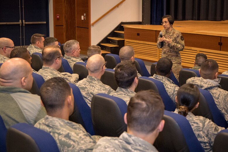 Command Chief Master Sergeant, Air Force Reserve Command, Chief Master Sgt. Ericka E. Kelly, speaks with Reserve Citizen Airmen from the 514th Air Mobility Wing during a visit here, Feb. 8-9.