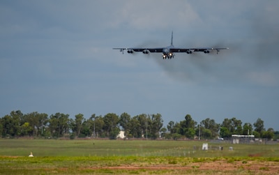 An Air Force B-52 Stratofortress comes in for a landing.