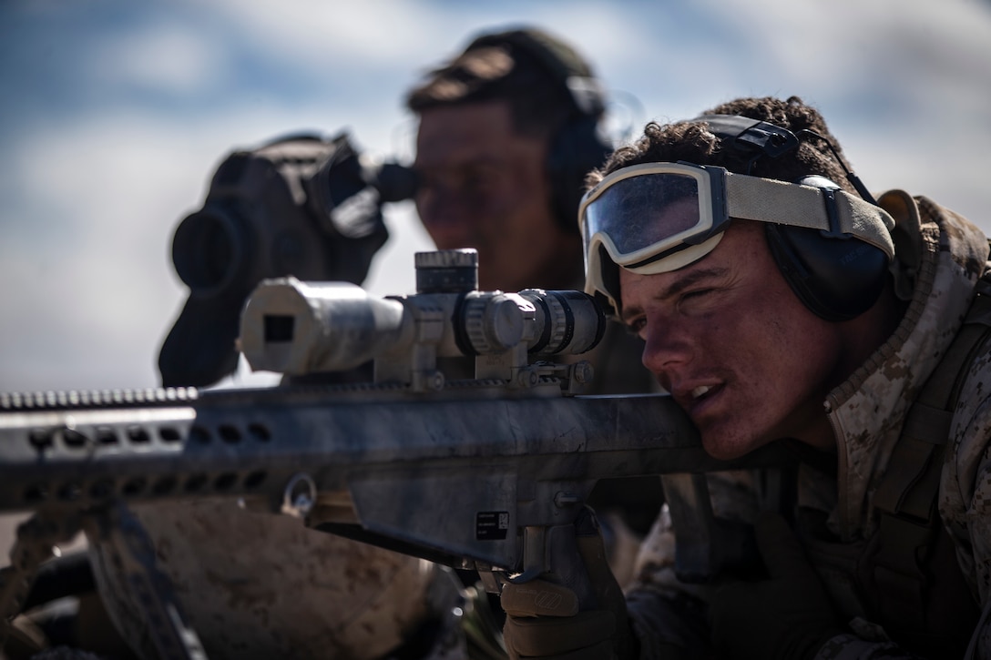 U.S. Marine Corps Lance Cpl. Bryce Hopkins and Cpl. Ricardo Perez, both scout snipers with the 3rd Battalion, 3rd Marine Regiment, Marine Air-Ground Task Force-6 (MAGTF-6) provide long distance fire support while conducting the Air Assault Course (AAC) during Integrated Training Exercise (ITX) 2-19 aboard Marine Corps Air-Ground Combat Center Twentynine Palms, Calif., Feb. 9, 2019. ITX creates a challenging, realistic training environment that produces combat-ready forces capable of operating as an integrated MAGTF.