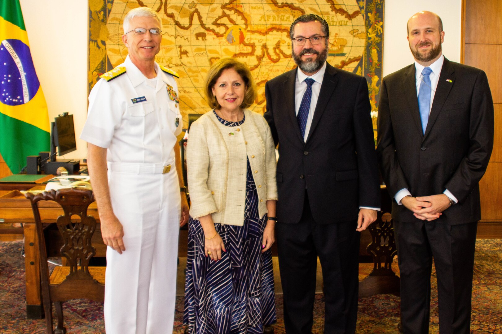 The commander of U.S. Southern Command, Navy Adm. Craig Faller, meets with Brazil's Minister of Foreign Affairs Ernesto Araúj and U.S. Chargé d’Affaires William Popp in Brazil Feb. 11, 2019.