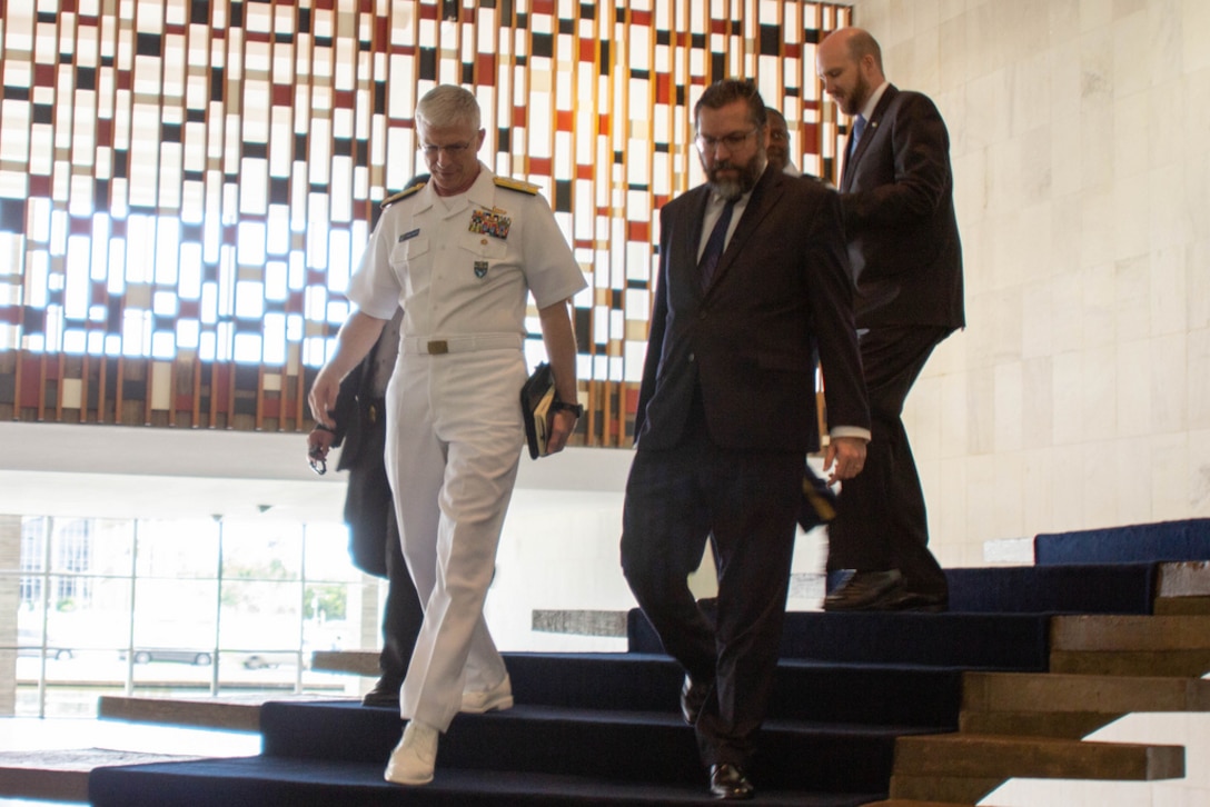 The commander of U.S. Southern Command, Navy Adm. Craig Faller, meets with Brazil's Minister of Foreign Affairs Ernesto Araúj and U.S. Chargé d’Affaires William Popp in Brazil Feb. 11, 2019.