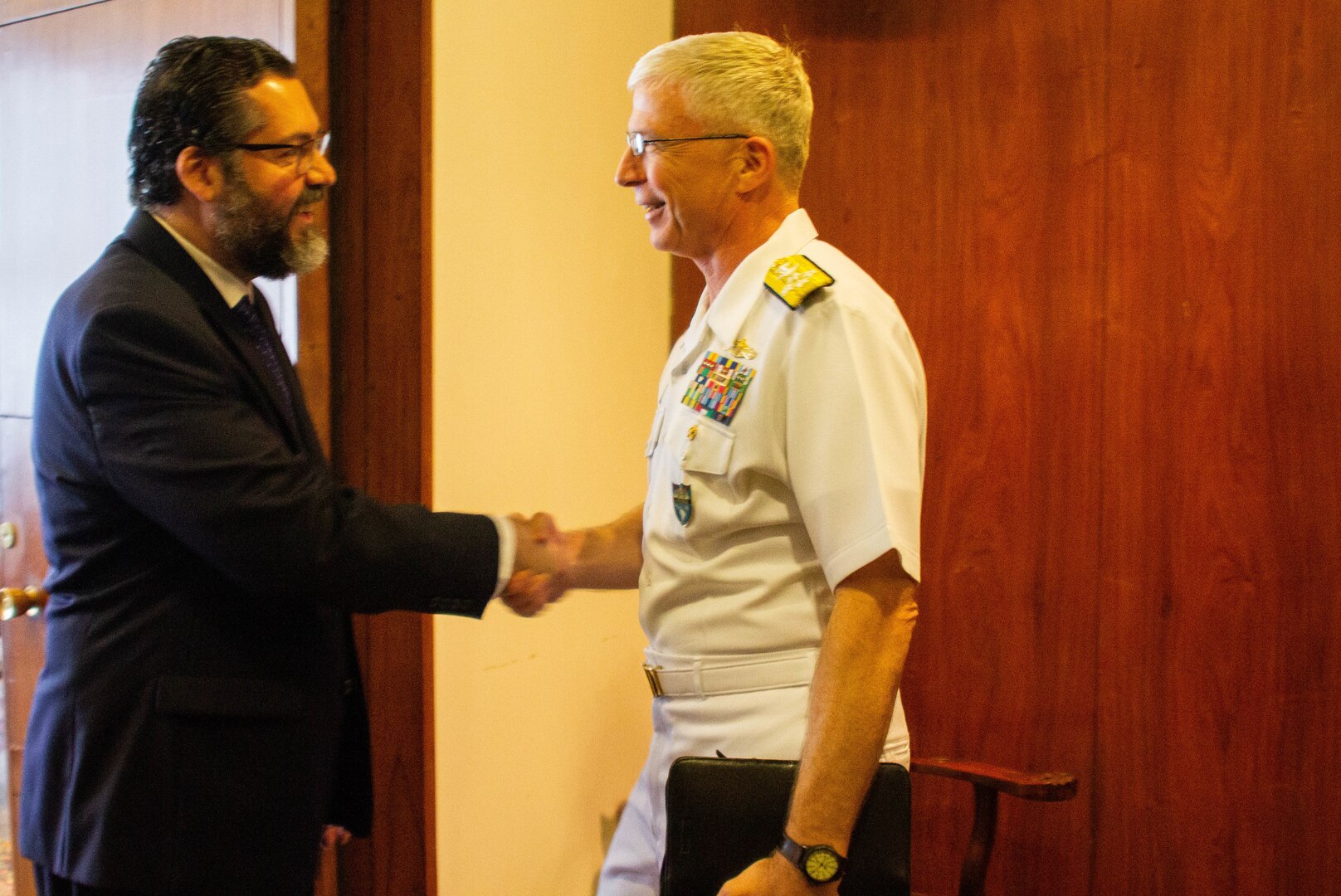 The commander of U.S. Southern Command, Navy Adm. Craig Faller, meets with Brazil's Minister of Foreign Affairs Ernesto Araúj and U.S. Chargé d’Affaires William Popp in Brazil Feb. 11, 2019.