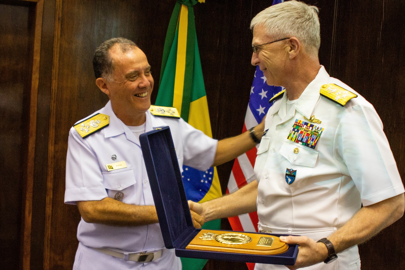 The commander of U.S. Southern Command, Navy Adm. Craig Faller, meets with Brazil's Chief of the Navy, Admiral Ilques Barbosa Júnior, in Brazil Feb. 11, 2019.