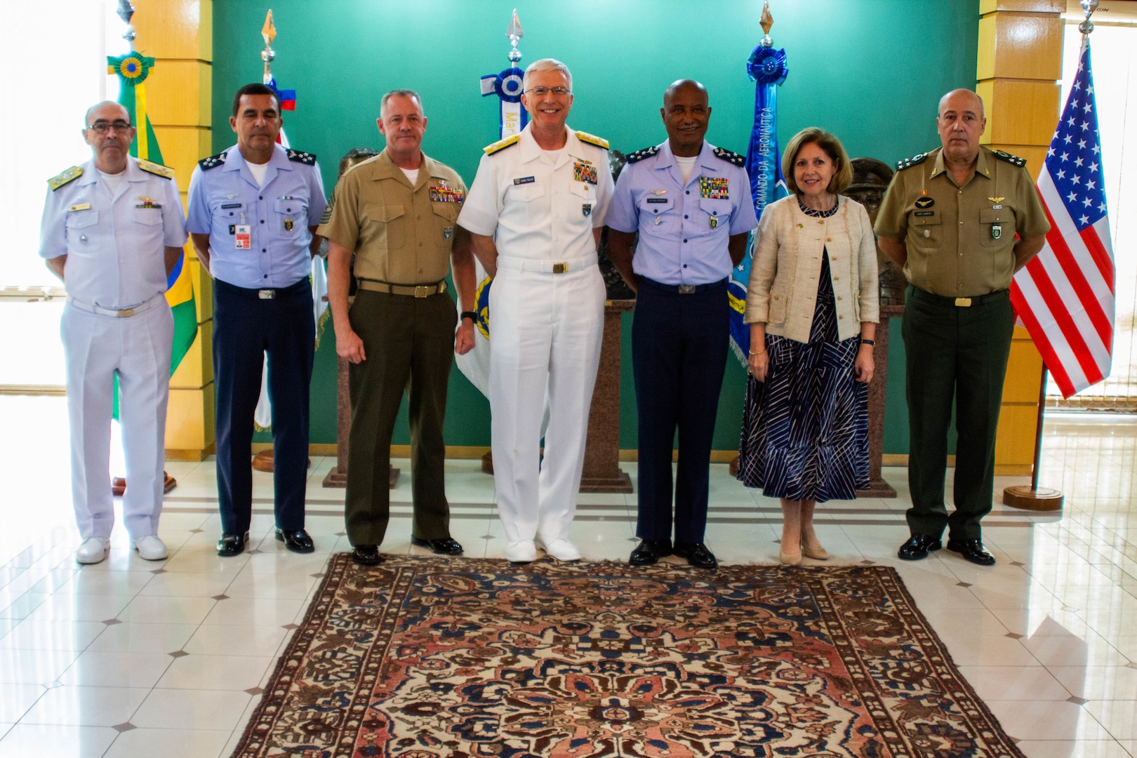 The commander of U.S. Southern Command, Navy Adm. Craig Faller, poses for a photo with Brazil's Chief of Defense, Lieutenant-Brigadier Raul Botelho, in Brasília Feb. 11, 2019.