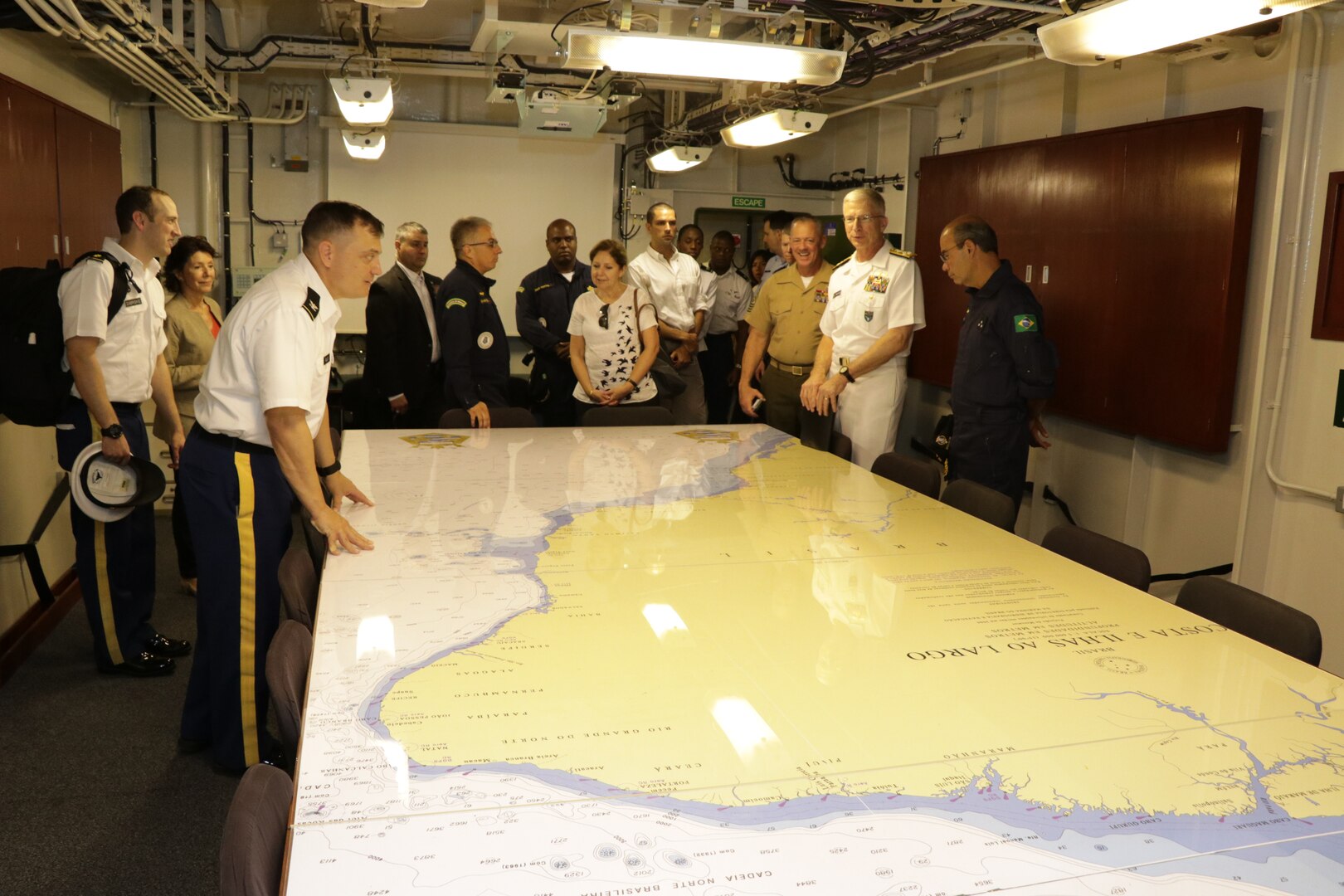 The commander of U.S. Southern Command, Navy Adm. Craig Faller, visits the Brazilian Navy helicopter carrier Atlântico (A 140)