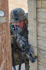 U.S. Marine Corps Cpl. Henry Young, an anti-tank missile gunner with 1st Tank Battalion, provides security for a patrol during the 1st Marine Division (MARDIV) Super Squad Competition at Marine Corps Base Camp Pendleton, California, Aug. 29, 2018.