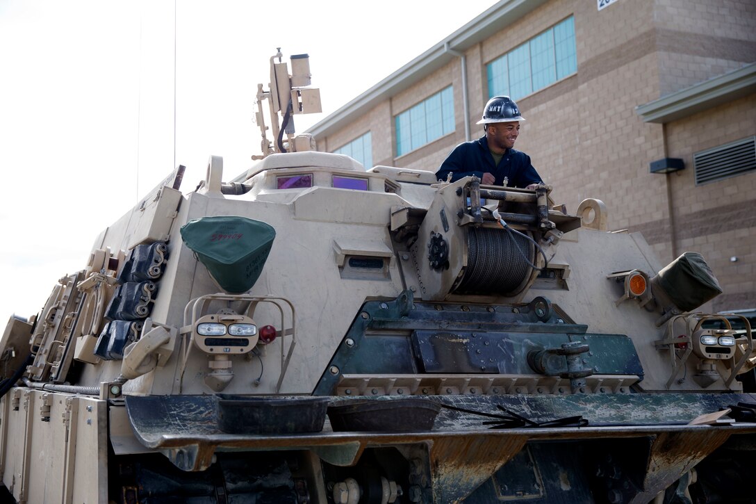 U.S. Marine Corps Pfc. Edgar Maldonado Jr., a main battle tank technician with 1st Tank Battalion, 1st Marine Division, stages a M88A2 Hercules recovery vehicle in preparation for exercise Comanche Run at Marine Corps Air Ground Combat Center, Twentynine Palms, California, Jan. 28, 2019.
