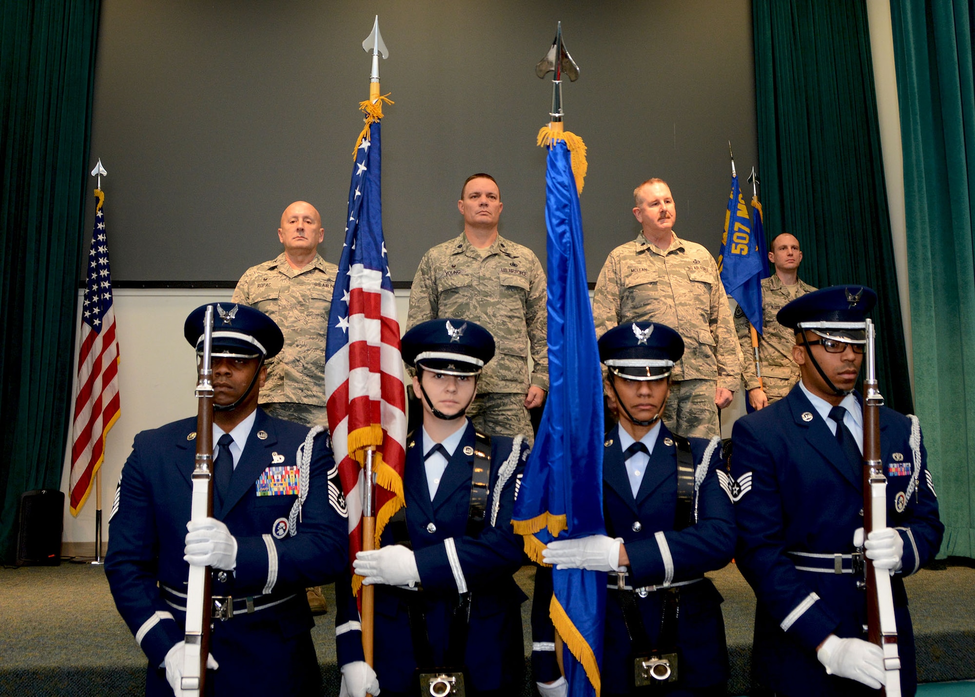 Reserve Citizen Airmen 507th Air Refueling Wing Honor Guard post the colors during the 72nd Aerial Port Squadron change of command ceremony at Tinker Air Force Base, Oklahoma. (U.S. Air Force photo by Tech. Sgt. Samantha Mathison)