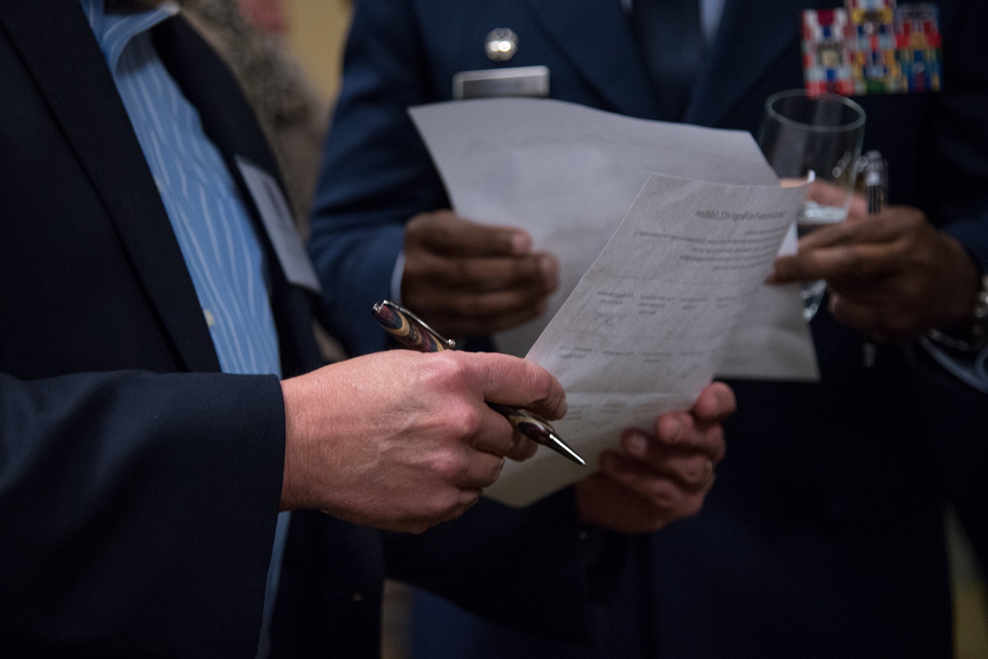 Attendees of the Honorary Commanders Induction Ceremony participate in an icebreaker at Keesler Air Force Base, Mississippi February 9, 2019.  The Honorary Commanders program was developed to enhance relationships between the local civilian community and the 403rd wing. (U.S. Air Force photo by Staff Sgt. Shelton Sherrill)