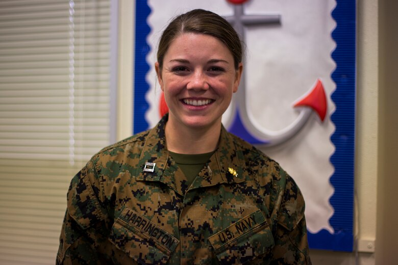 Navy Lt. Kathryan Harrington, a general dentist with Branch Dental Clinic Futenma, 3rd Dental Battalion, 3rd Marine Logistics Group, is a native of Cleveland, Ohio. Sailors from Naval clinics in Okinawa held a presentation at Kinser Elementary School to promote oral health awareness during National Children’s Dental Health Month Feb. 5, 2019 on Camp Kinser, Okinawa, Japan. (U.S. Marine Corps photo by Lance Cpl. Isaiah Campbell)