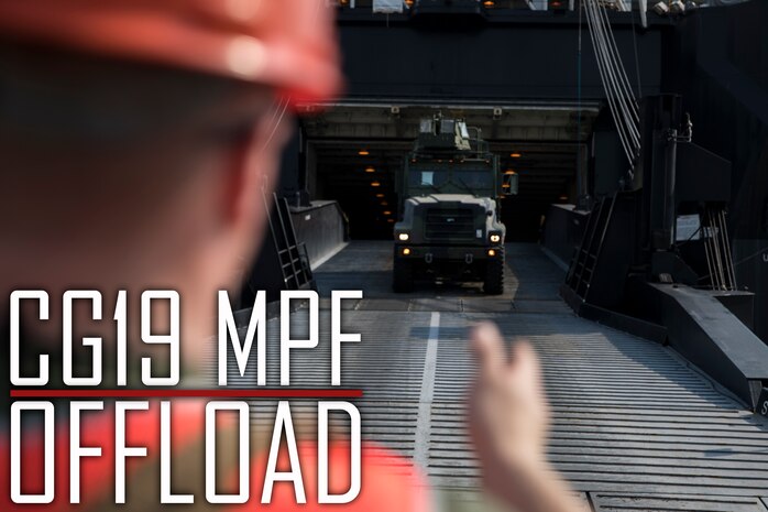 Cpl. Hunter Mayle Ground guides a vehicle down the ramp of the U.S.N.S. Pililaau (TAKR-304) during a maritime prepositioning force (MPF) offload for Cobra Gold 19 Feb. 3, 2019 at Laem Chabang Commercial Port, Thailand. The Pililaau is a Marine Corps MPF ship used to deliver Marine assets to areas in the Indo-Pacific region. Mayle, a generator Mechanic with Combat Logistics Detachment 332, Combat Logistics Regiment 3, 3rd Marine Logistics Group, is a native of Morgantown, West Virginia. (U.S. Marine Corps photo by Cpl. Jamin M. Powell)