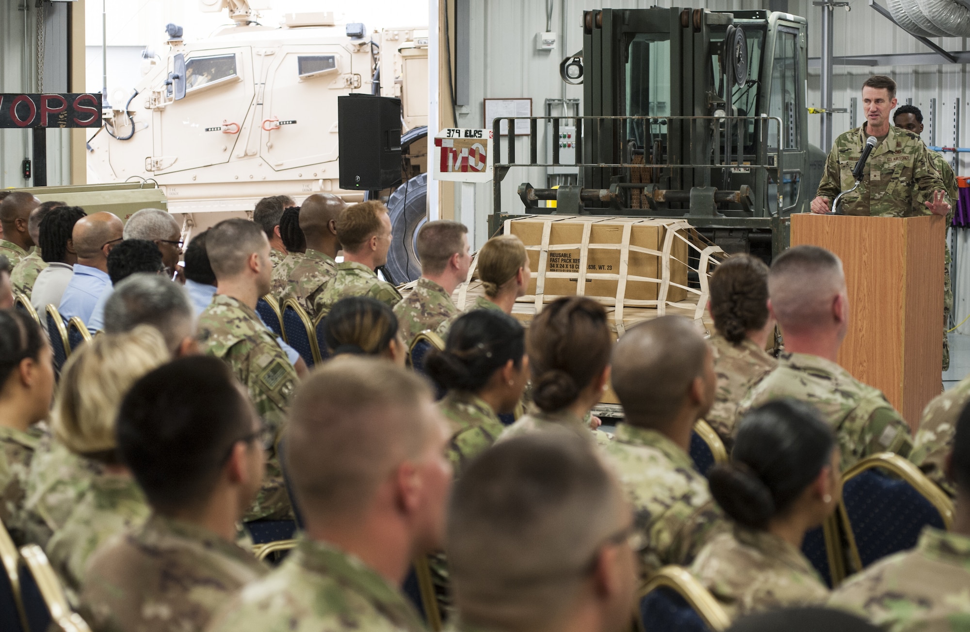 Brig. Gen. Tom Miller, Air Combat Command director of Logistics, Engineering, and Force Protection, speaks during a “Daedalian” award ceremony in honor of the 379th Expeditionary Logistics Readiness Squadron, Feb. 11, 2019 at Al Udeid Air Base, Qatar.