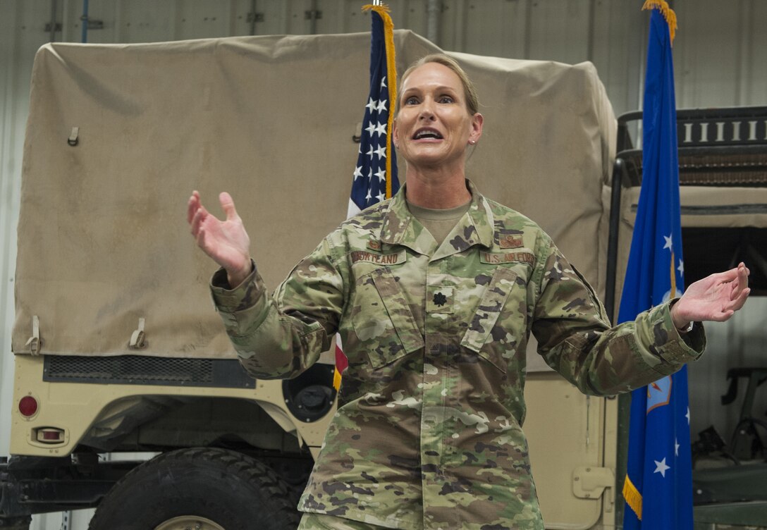 Lt. Col. Kellie Courtland, 379th Expeditionary Logistics Readiness Squadron commander, speaks during a “Daedalian” award ceremony in honor of the squadron, Feb. 11, 2019 at Al Udeid Air Base, Qatar.
