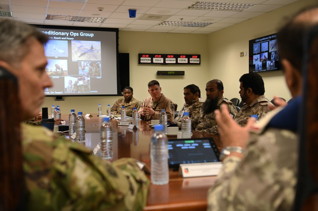 Maj. Gen. (Pilot) Mubarak Mohammed Al-Khiyareen, Qatar Emiri Air Force commander (right), and U.S. Air Force Brig. Gen Jason R. Armagost, 379th Air Expeditionary Wing commander (left), lead a discussion during a base visit on Jan 30, 2019, at Al Udeid Air Base, Qatar. Along with other military senior leaders, Armagost and Al-Khiyareen shared best practices in order to foster a stronger relationship and continued success in working together toward the common goal of peace and stability in the region. (U.S. Air Force photo by Staff Sgt. Nicholas Alder)
