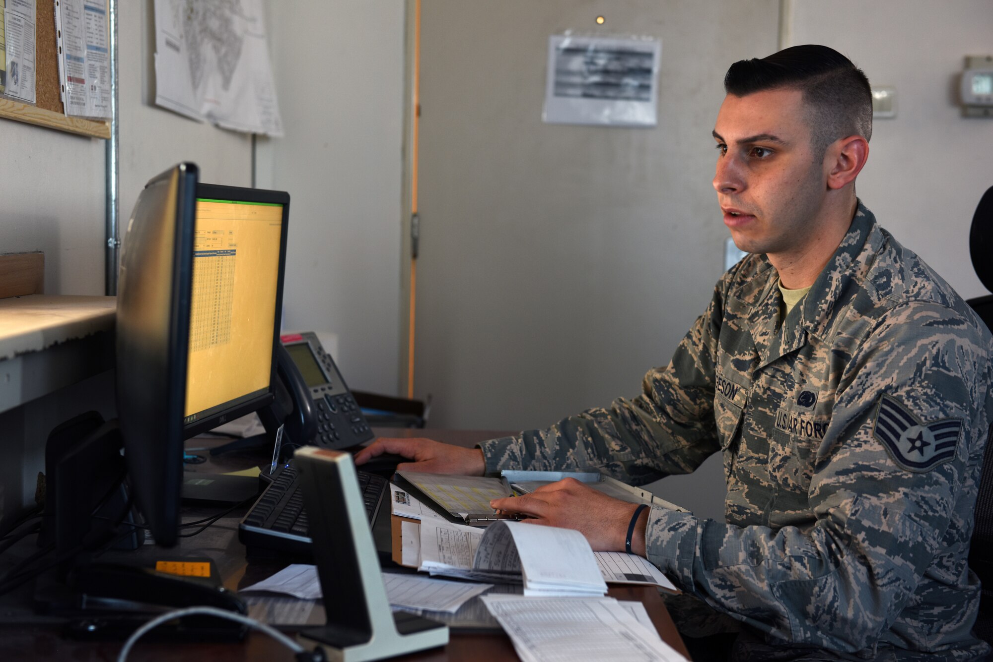 U.S. Air Force Staff Sgt. Evan Torgeson, 39th Logistics Readiness Squadron fuels center supervisor, documents and inventories fuels information at Incirlik Air Base, Turkey, Feb. 2, 2019.