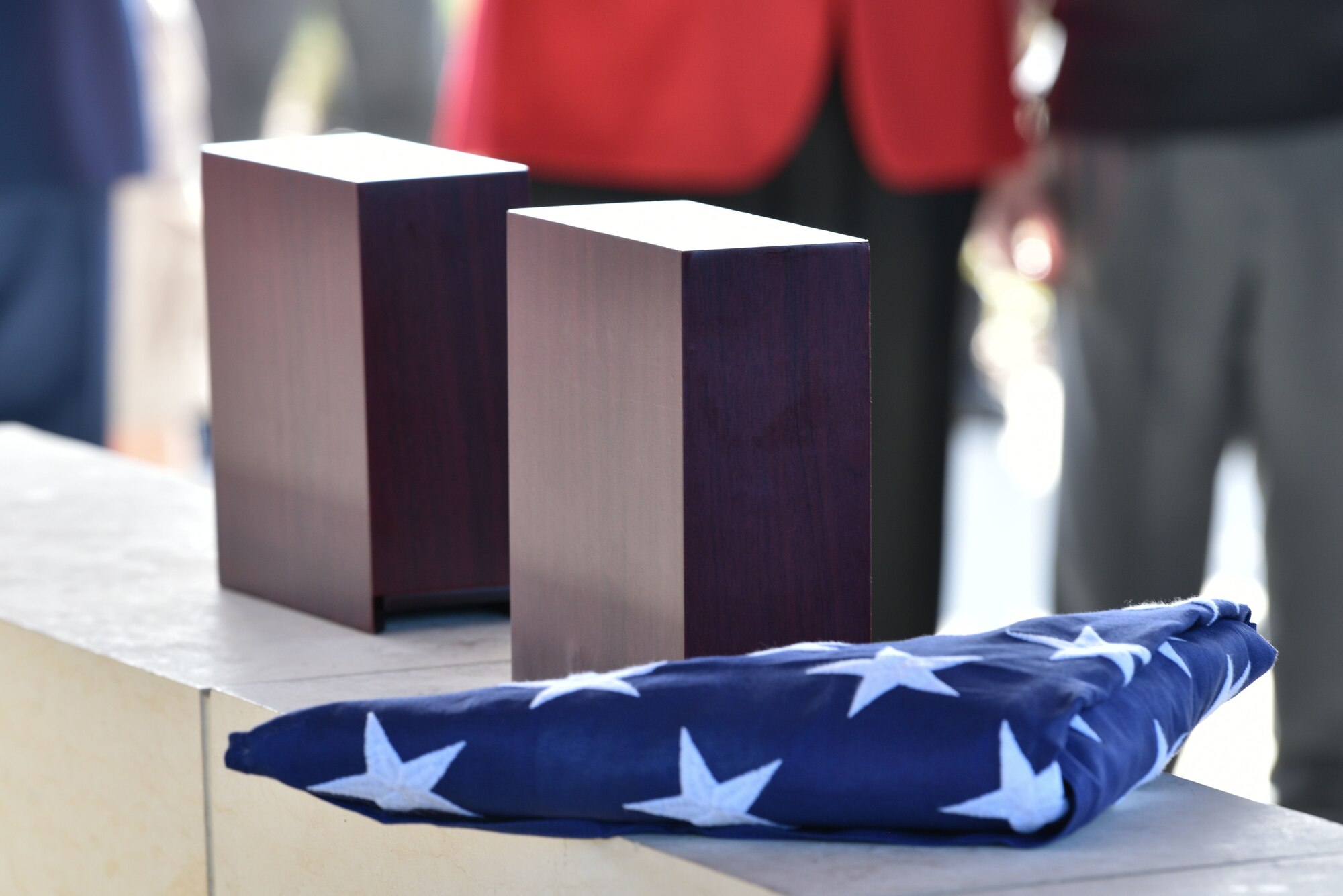 Edwin T. Cowan, Tuskegee Airman, and his wife Theda's remains are presented during a funeral ceremony, Feb. 7, 2019 at Cape Canaveral National Cemetery in Mims, Florida. Cowan was buried with full military honors, alongside his wife. (U.S. Air Force photo by Airman 1st Class Dalton Williams)