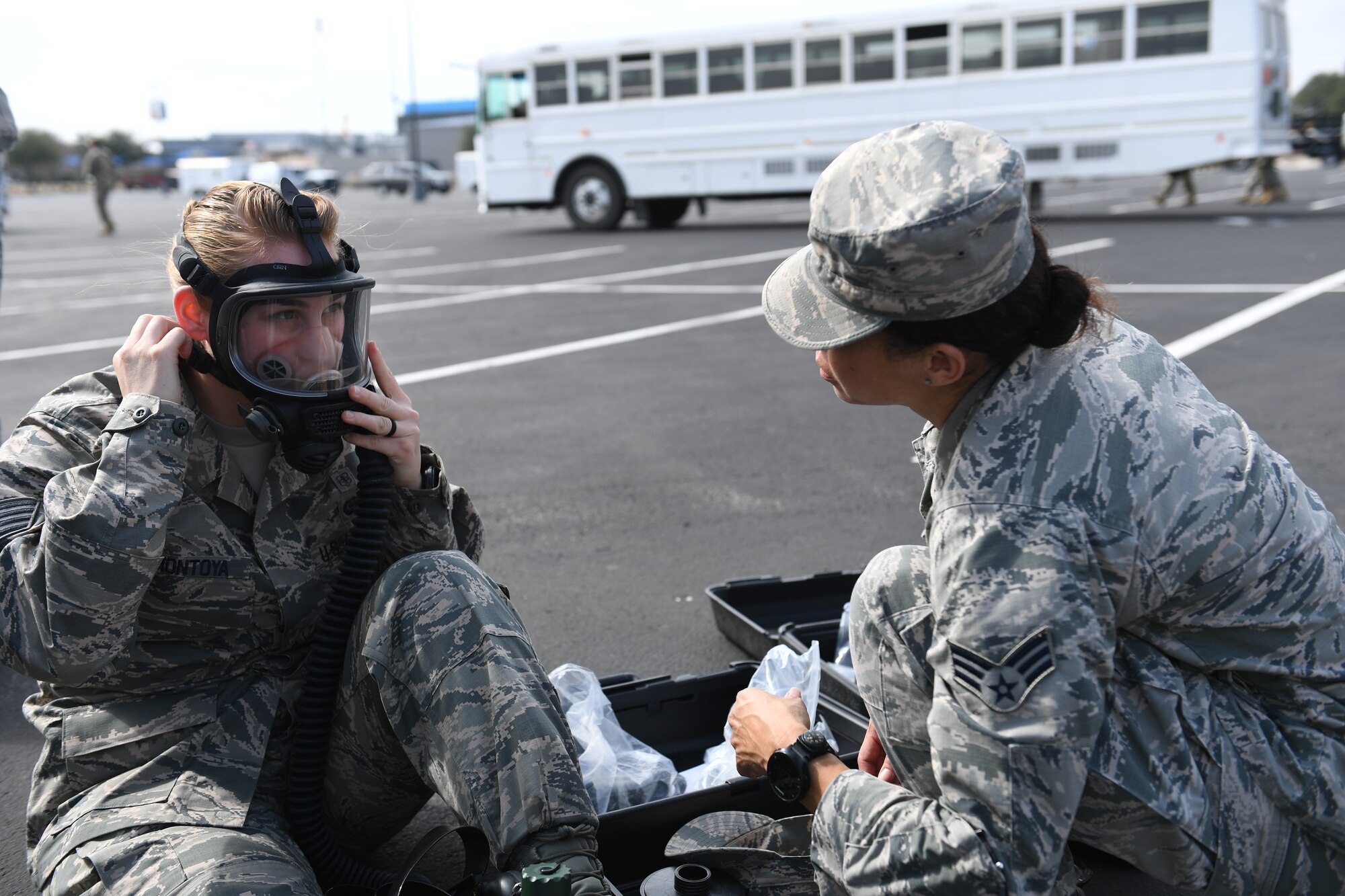 Staff Sgt. Jacquelyn Montoya and Senior Airman Kimberly Gaona, members of the 149th Fighter Wing’s MDG Det-1, which is part of the 6th CERFP task force, perform an operations check prior to deploying into the disaster incident site during response training Feb. 5 in Round Rock, Texas.