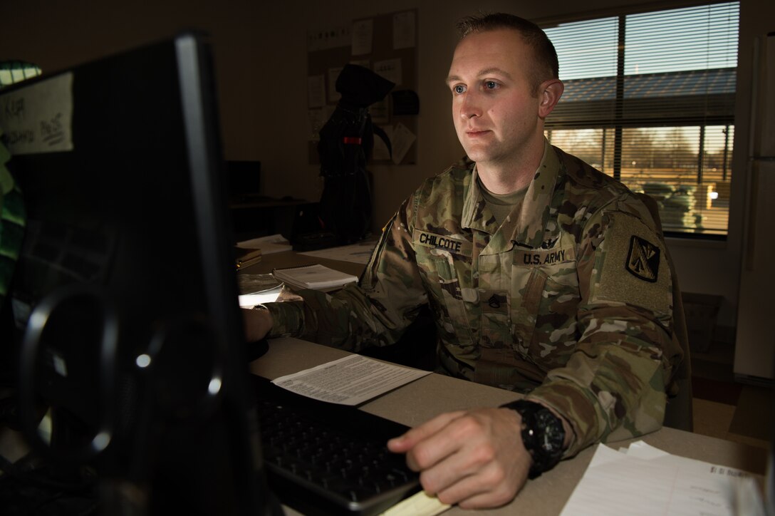 U.S. Army Staff Sgt. Sean Chilcote, Alpha Company, 1st Battalion, 210th Aviation Regiment, 128th Avn. Brigade drill sergeant, studies for the Drill Sergeant of the Year competition at Joint Base Langley-Eustis, Virginia, Feb. 6, 2019.