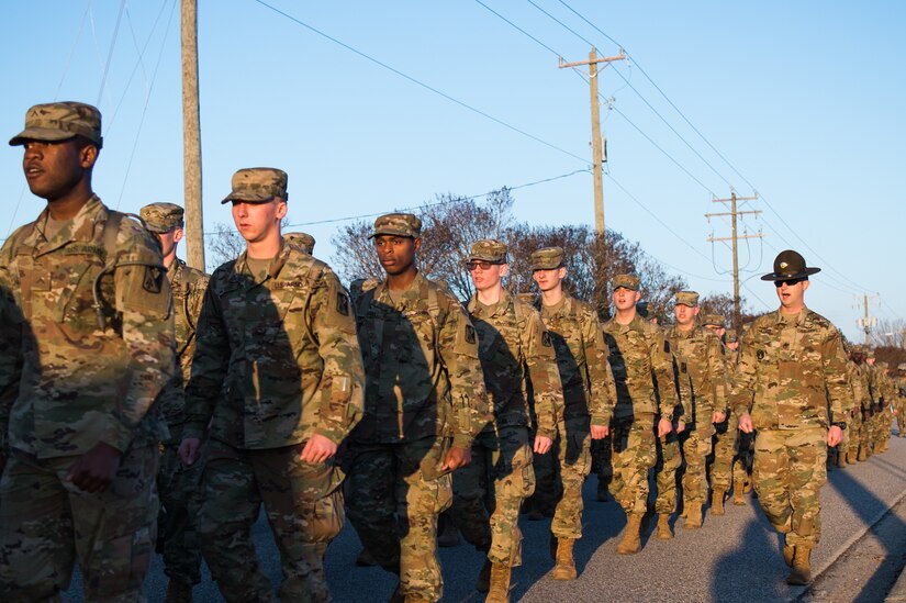 U.S. Army Staff Sgt. Sean Chilcote, Alpha Company, 1st Battalion, 210th Aviation Regiment, 128th Avn. Brigade drill sergeant, marches his company at Joint Base Langley-Eustis, Virginia, Feb. 6, 2019.