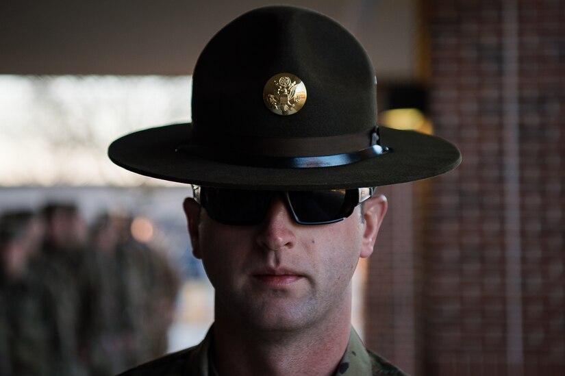 U.S. Army Staff Sgt. Sean Chilcote, Alpha Company, 1st Battalion, 210th Aviation Regiment, 128th Avn. Brigade drill sergeant, marches his company at Joint Base Langley-Eustis, Virginia, Feb. 6, 2019.