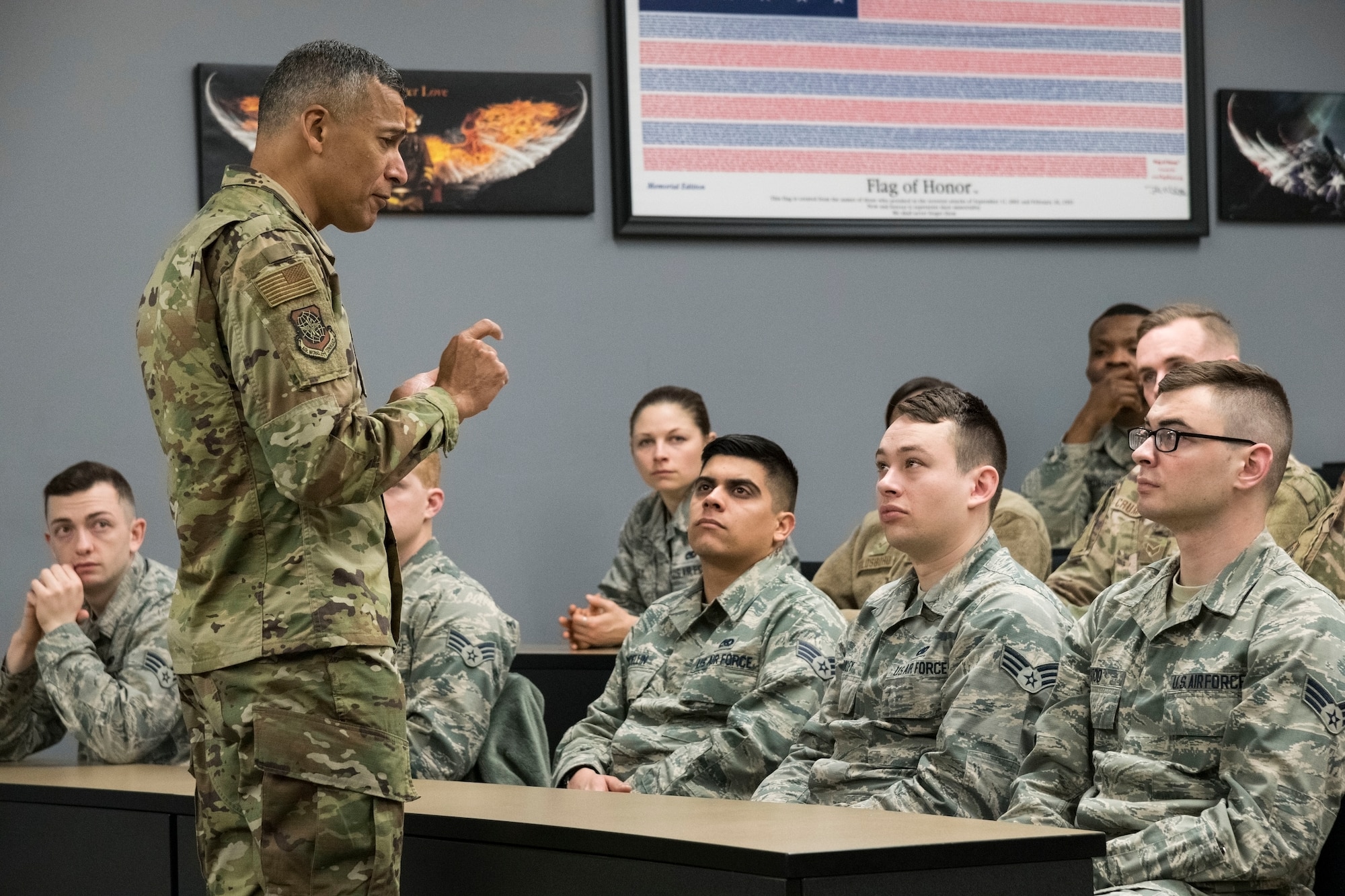 U.S. Air Force Chief Master Sgt. Terrence Greene, command chief of Air Mobility Command, Scott Air Force Base, Ill., speaks to the students of the Staff Sgt. Julio Alonso Airman Leadership School Class 19-C Feb. 7, 2019, at Dover Air Force Base, Del. Greene spoke to the students about being a good leader and supervisor. (U.S. Air Force photo by Roland Balik)