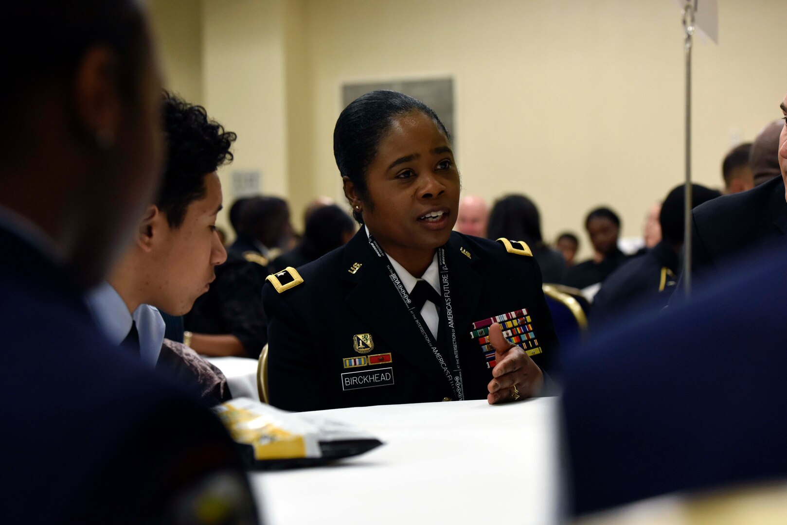 Army Brig. Gen. Janeen Birckhead, the Maryland National Guard's assistant adjutant general for Army, illustrates a point to high school and college students during a mentoring session that was part of the annual Black Engineer of the Year Awards, Science, Technology, Engineering and Mathematics, Global Competitiveness Conference, held recently in Washington, D.C.