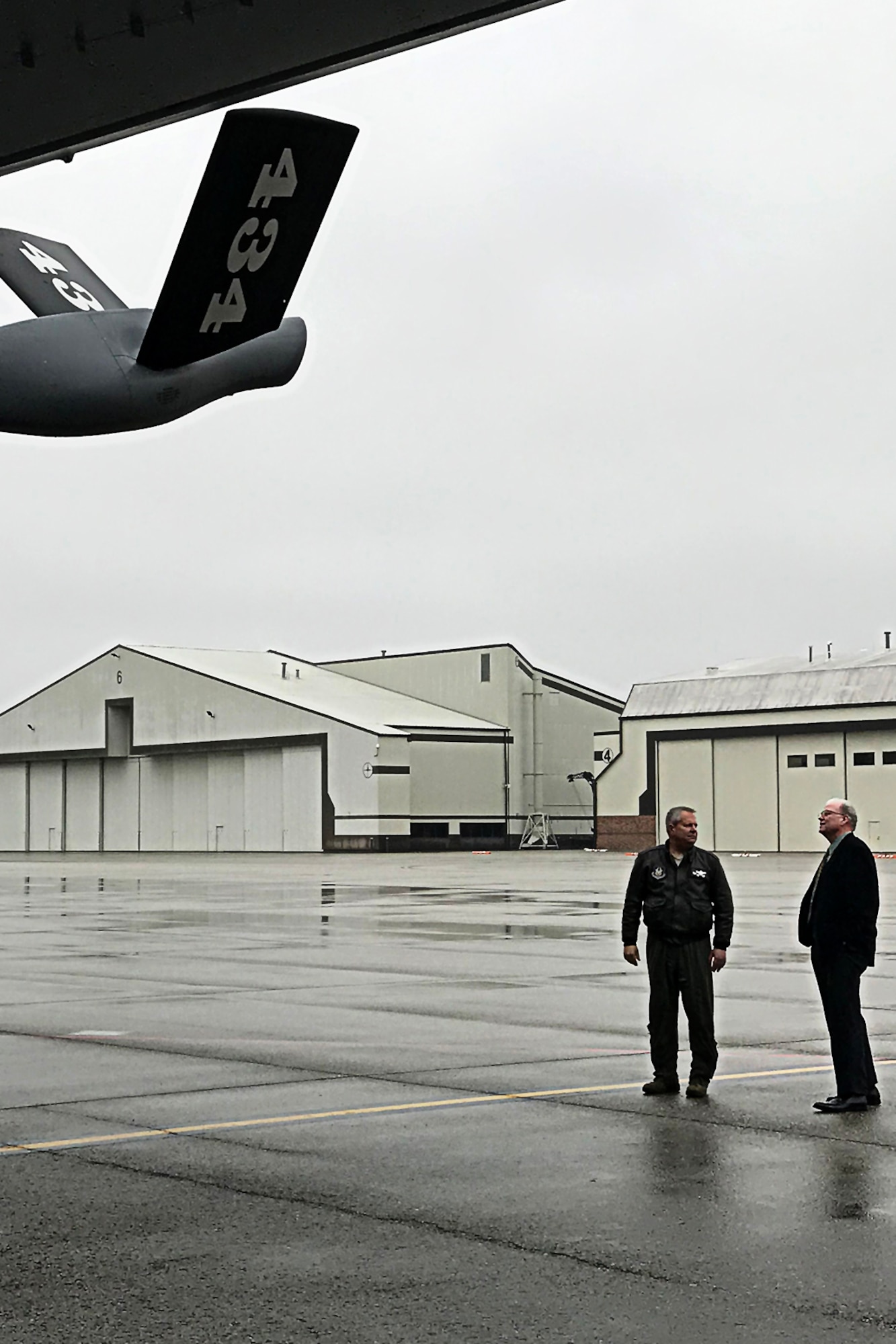 Col. Brian Hollis, 434th Operations Group commander, left, talks with Jerry Alexander, Sen. Mike Braun’s east central regional director, about the business end of the KC-135R Stratotanker, Feb. 5, 2019 at Grissom Air Reserve Base, Indiana. Alexander joined Jon Kenworthy, the senator’s military and veterans’ affairs liaison, for an informational tour of the base. (U.S. Air Force photo/Douglas Hays)