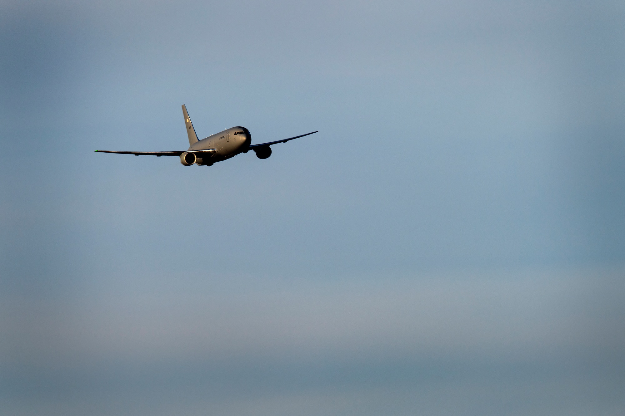 A KC-46A Pegasus approaches the runway of the 97th Air Mobility Wing for the first time Feb. 8, 2019, at Altus Air Force Base, Okla.