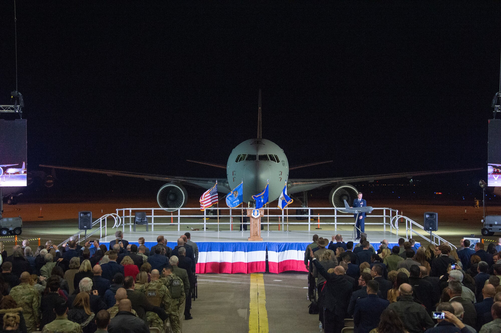 The 97th Air Mobility Wing’s first KC-46A Pegasus is unveiled during the KC-46A Pegasus arrival celebration, Feb. 8, 2019, at Altus Air Force Base, Okla.