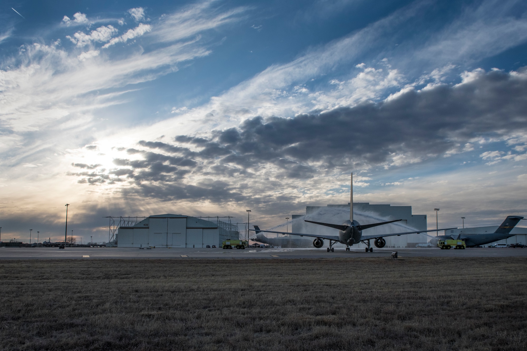 A KC-46A Pegasus was honored with a traditional water salute during the 97th Air Mobility Wing KC-46A arrival ceremony Feb. 8, 2019, at Altus Air Force Base, Okla.