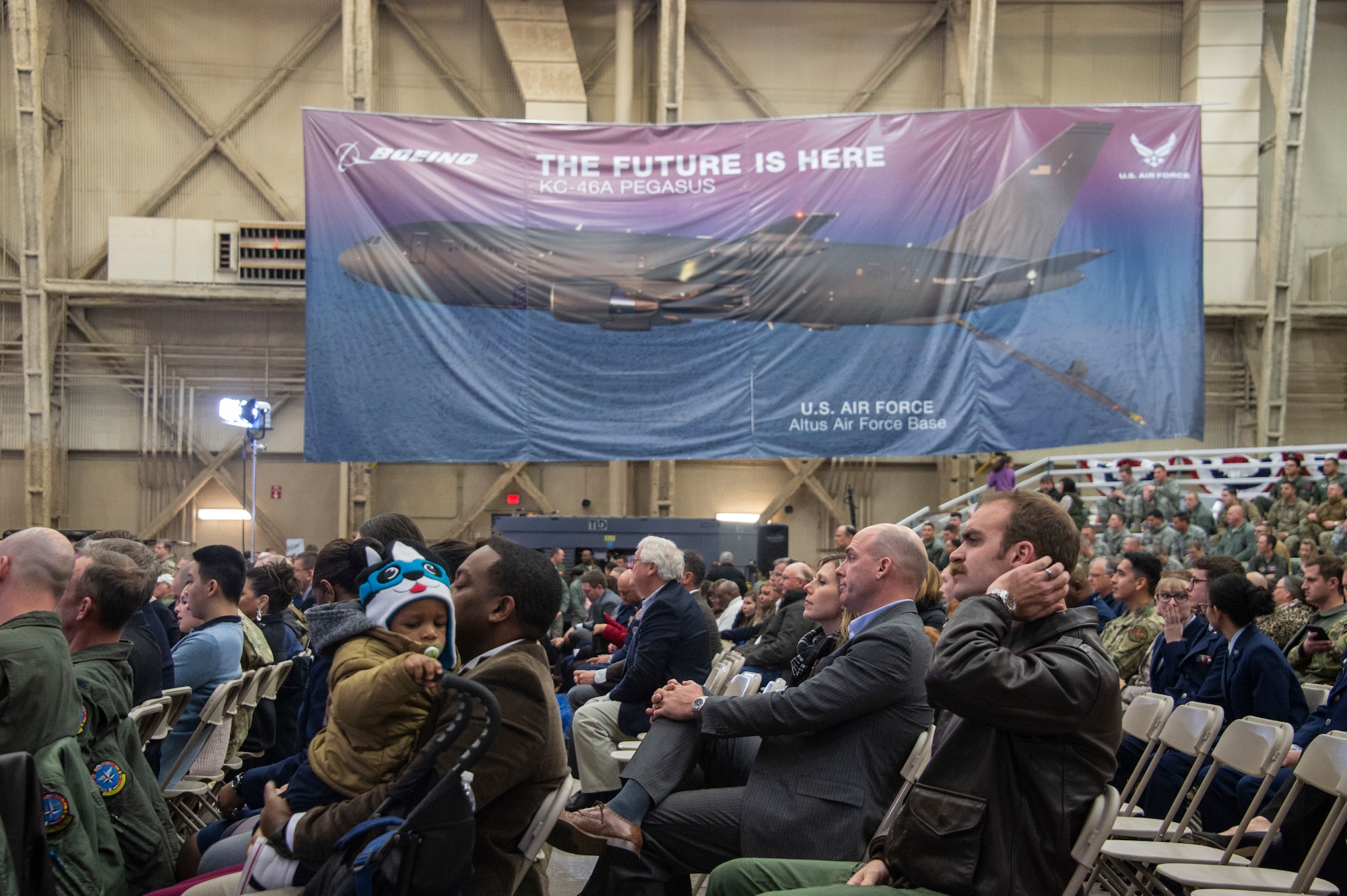 Participants of the KC-46A Pegasus arrival celebration watch for the arrival of the 97th Air Mobility Wing’s first KC-46, Feb. 8, 2019, at Altus Air Force Base, Okla.