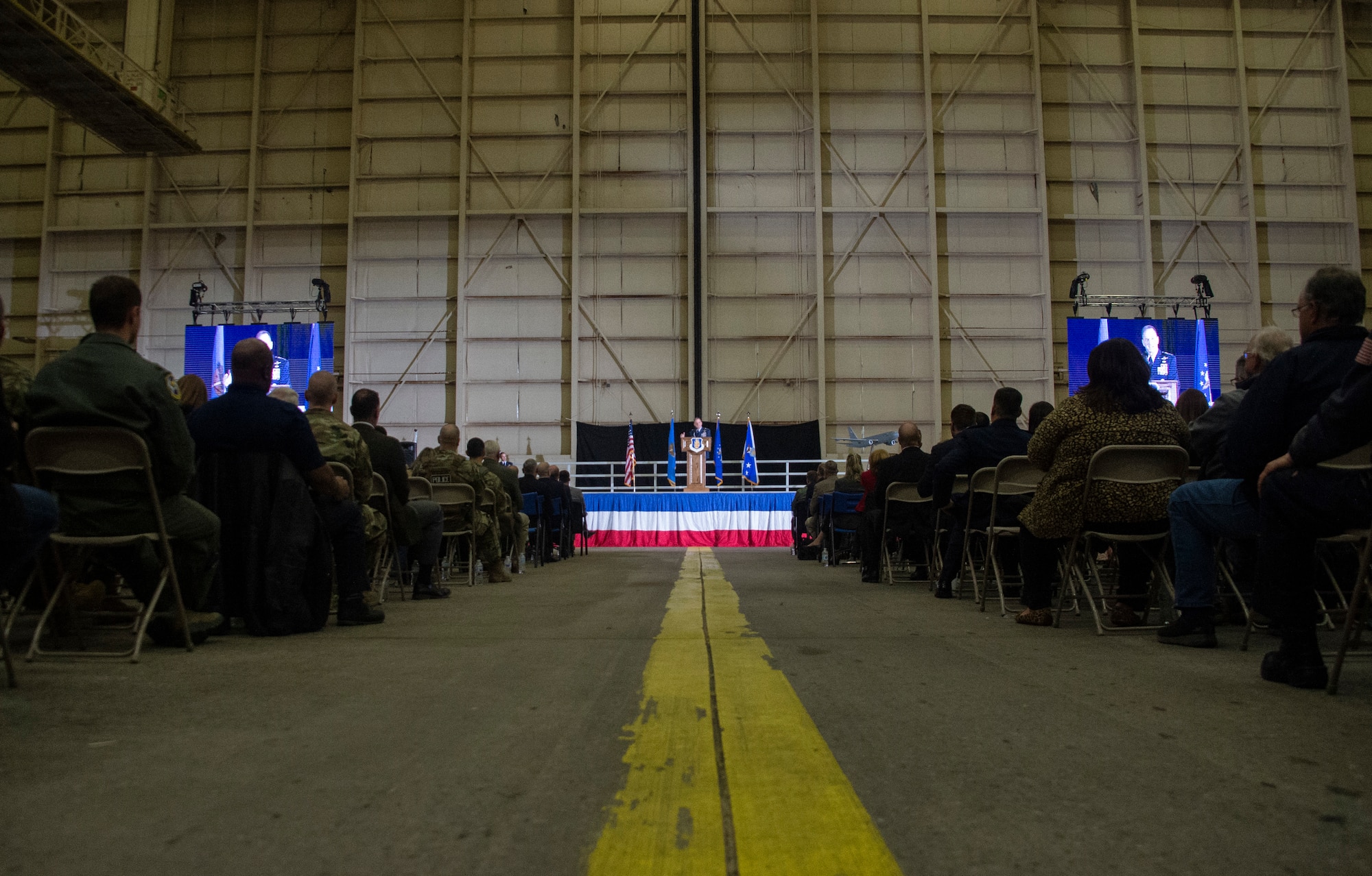 Members across the nation and the Altus community listen as Air Force Chief of Staff Gen. David L. Goldfein welcomes the Air Forces newest aircraft, the KC-46A Pegasus, Feb. 8, 2019, at Altus Air Force Base, Okla.
