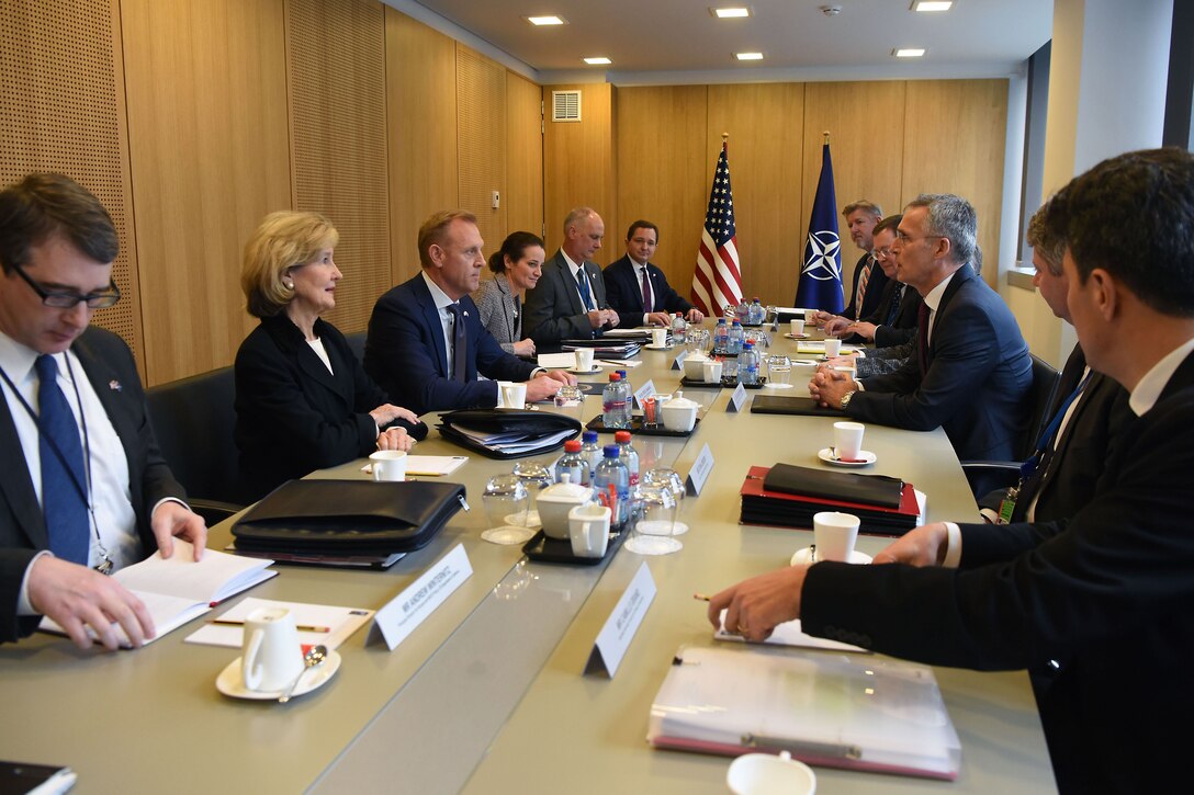 Acting Defense Secretary Patrick M. Shanahan meets with NATO Secretary General Jens Stoltenberg.